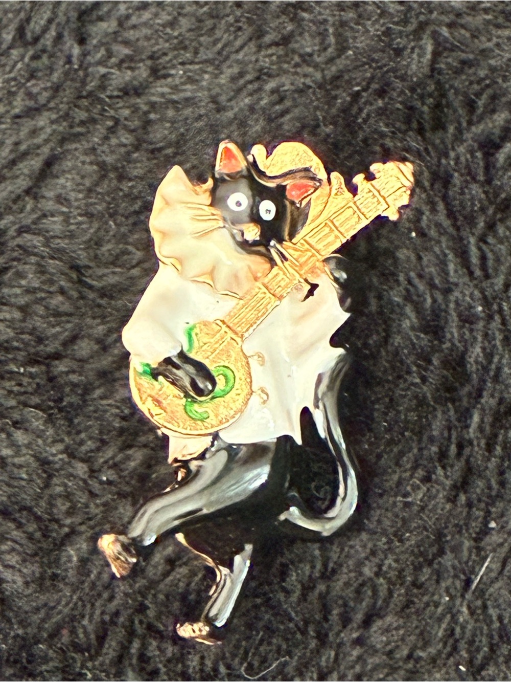 Black Cat Enamel Brooch with Gold Guitar Accent - Fashion Jewelry